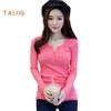 T-Mix Solid Color Women Ribbed Long Sleeve Round Neck Buttons Slim Fit T-shirt Blouse