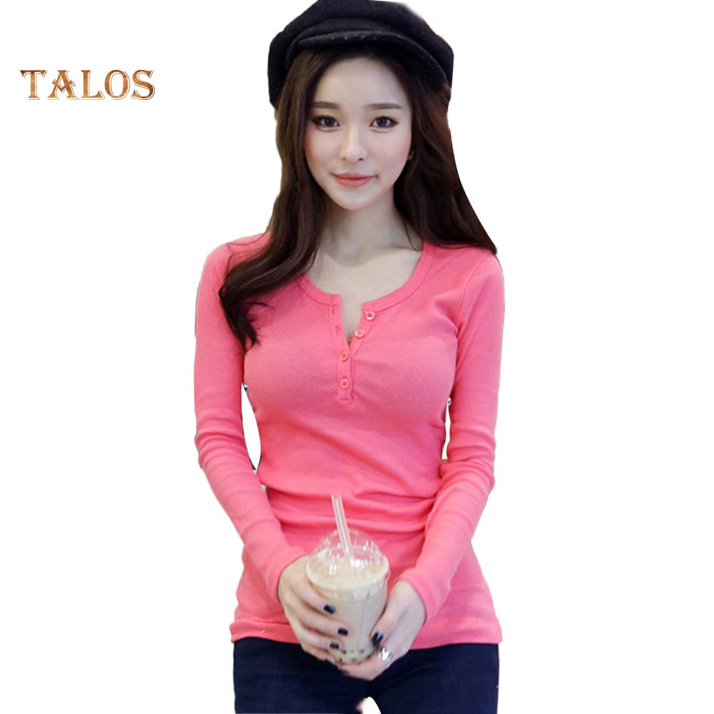 T-Mix Solid Color Women Ribbed Long Sleeve Round Neck Buttons Slim Fit T-shirt Blouse