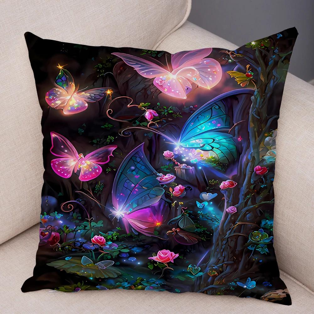 Tecknad Blomma Fjäril Djur Kuddfodral Dekor Blomma Kuddfodral för Soffa Hem Bil Fantasi Skog Mjuk Plysch Kuddfodral