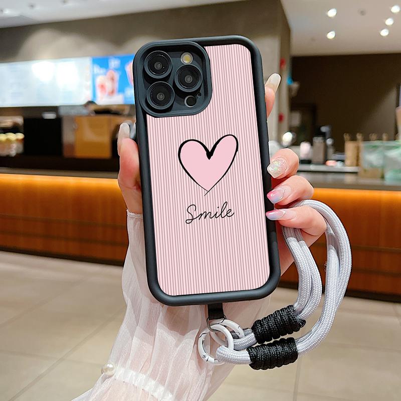 

Fashion Smile Pink Love Heart Soft Lanyard Rope Phone Case For iPhone 15 14 13 12 11 16 Pro Max X XS XR 7 Plus Shockproof Cover 7 8 SE 2020 2022