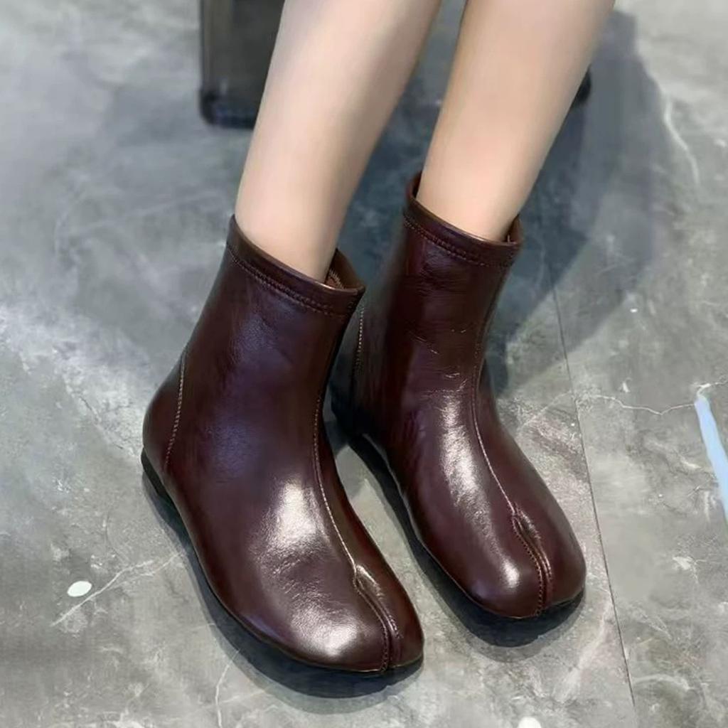 Cowhide Version~ Korean Version Niche Inner Height Increase Rear Zipper Pig's Trotters Split-toe Boots Short Boots Women's 2025 New Chelsea Boots