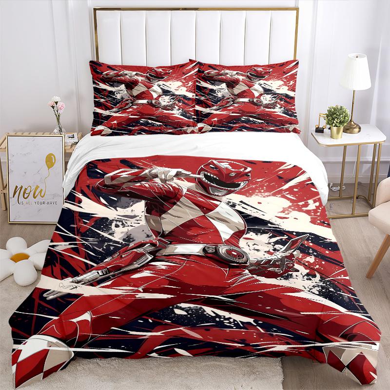 3pcs Red Ranger in Action Printed Quilt Set - Includes 1 Quilt Cover and 2 Pillowcases, Machine Washable - Suitable for All Seasons.W071