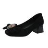 Sweet Single Shoes Summer New Square Head Shallow Mouth Crystal Buckle Butterfly Knot Anti-slip Wear-resistant Heel Shoes