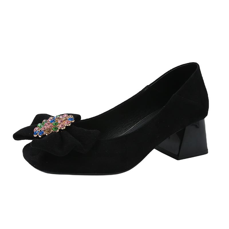 Sweet Single Shoes Summer New Square Head Shallow Mouth Crystal Buckle Butterfly Knot Anti-slip Wear-resistant Heel Shoes