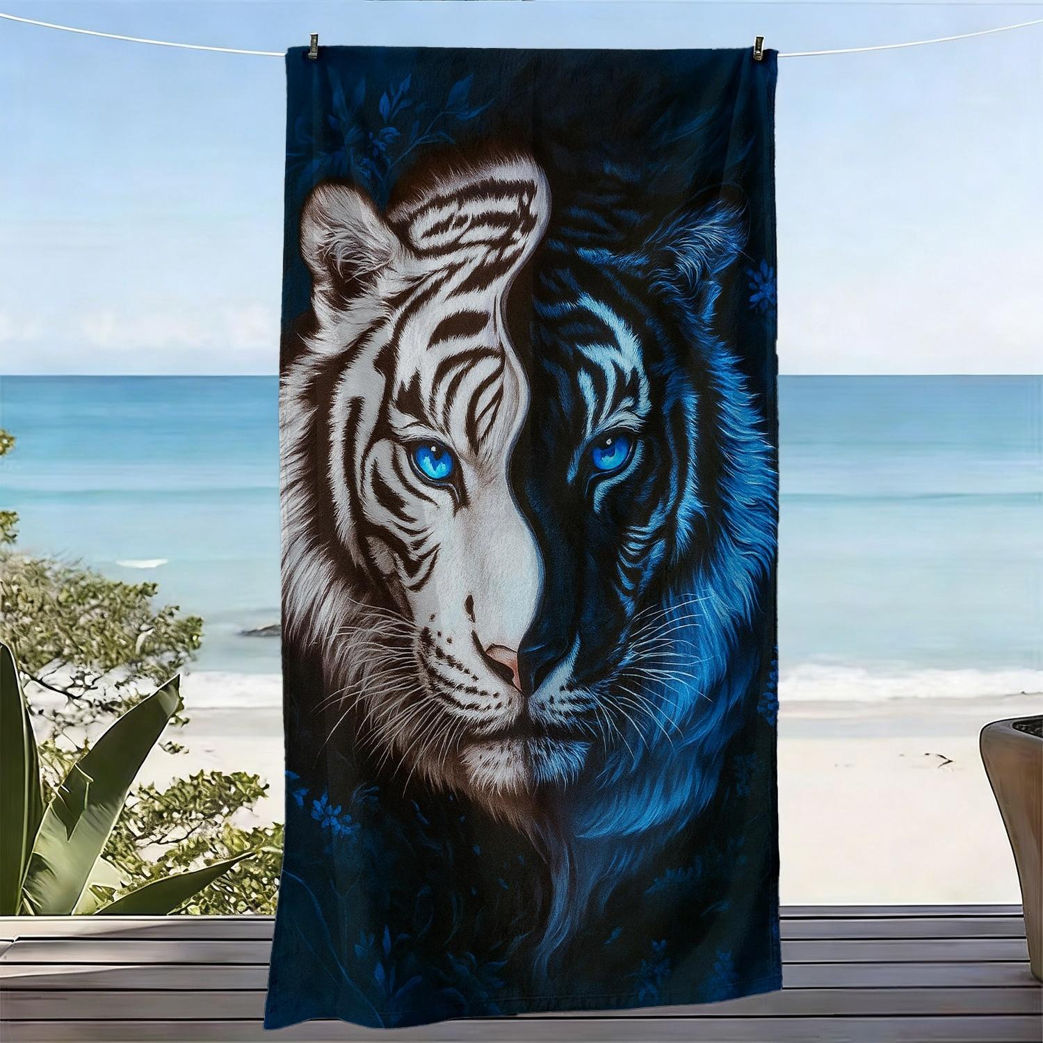 Blue and white tiger pattern theme polyester microfiber beach towel is highly absorbent, suitable for swimming and beach outings W40*H60(CM)