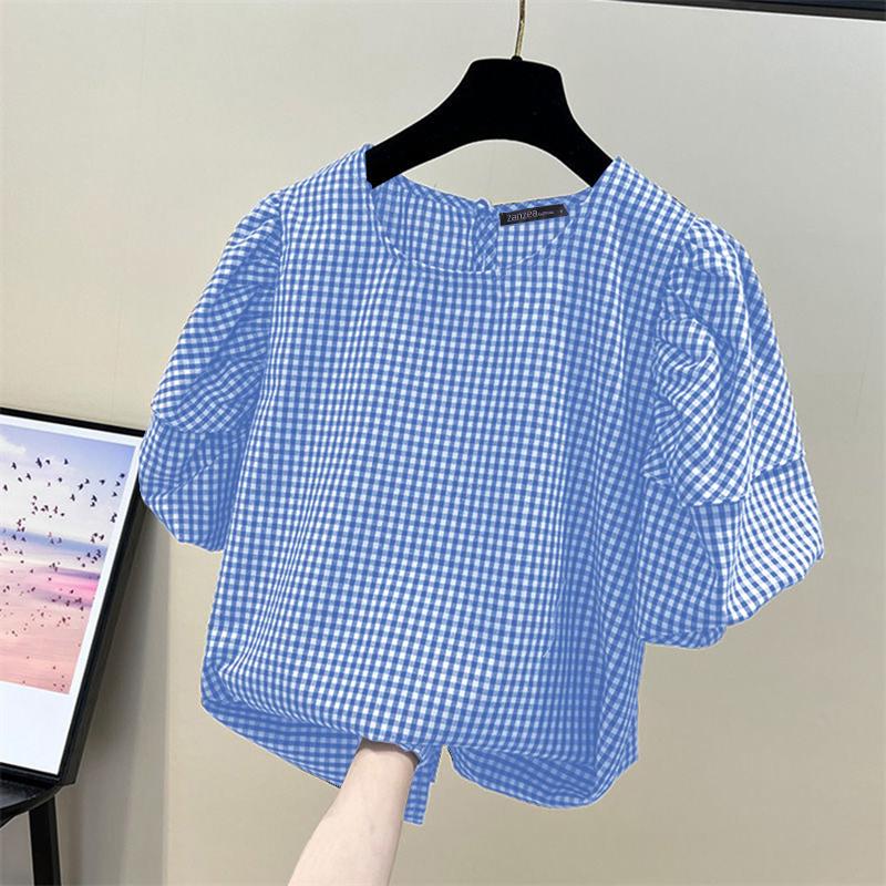 

ZANZEA Женская повседневная блузка с коротким рукавом и клетчатым принтом