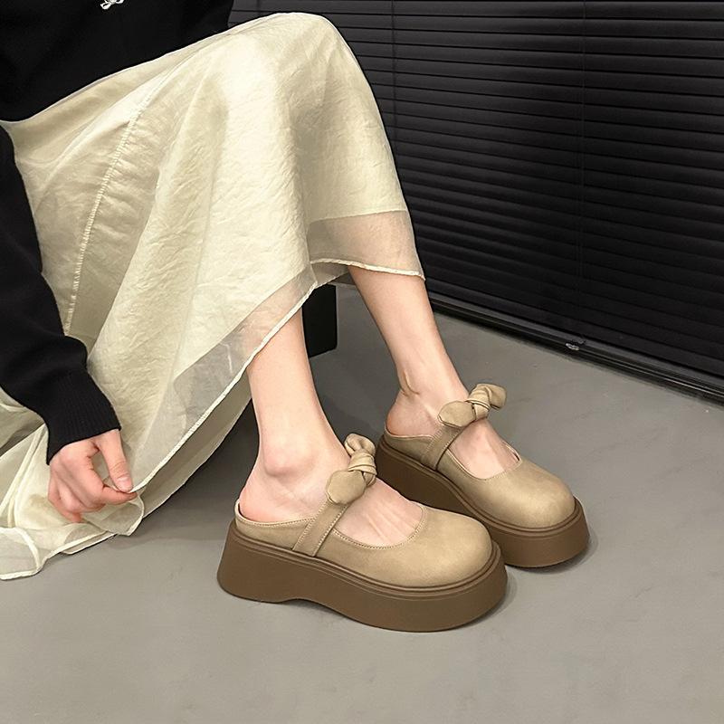 French bow bag head half slippers women's outer wear 2025 new spring and summer thick bottom with skirt Mary Jane sandals