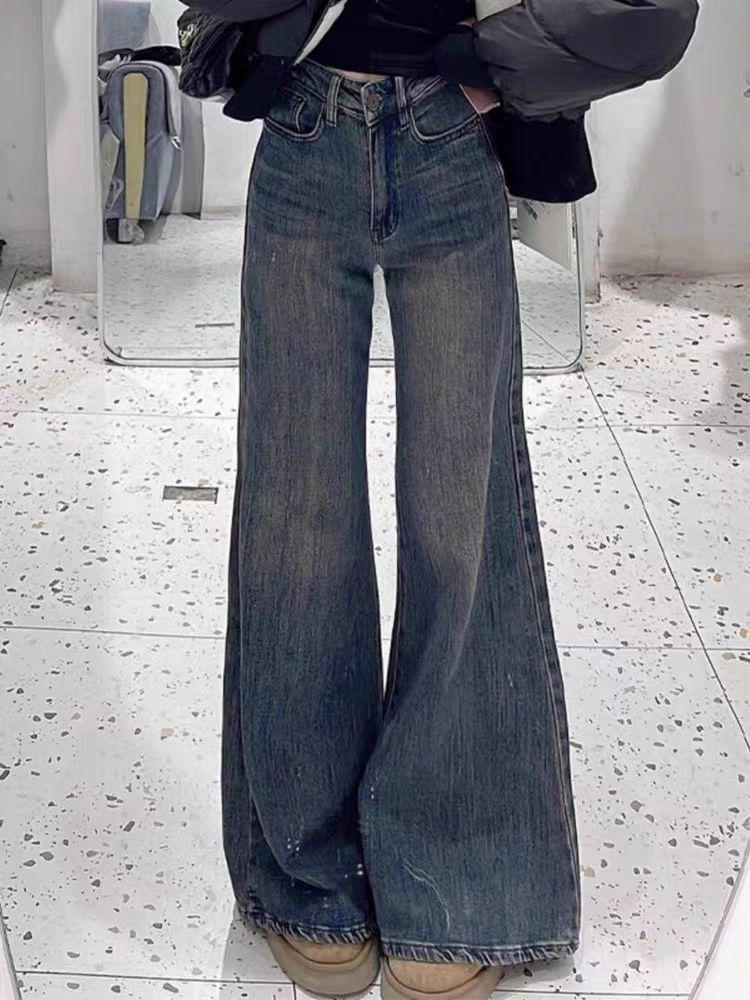 

European Style High-Waisted Distressed Blue-Gray Wide-Leg Micro-Flare Jeans for Women - Spring New Arrival Extra Large темно-синий