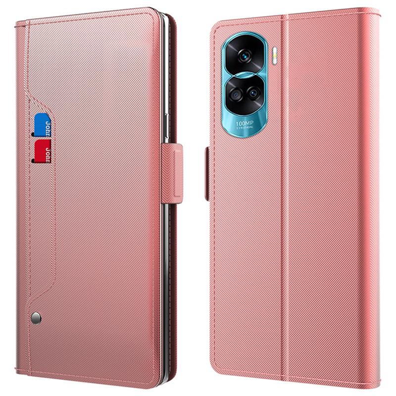

For Honor 90 Lite 5G/X50i 5G Foldable Stand Leather Cover Phone Case with Card Slot and Mirror Rose Gold