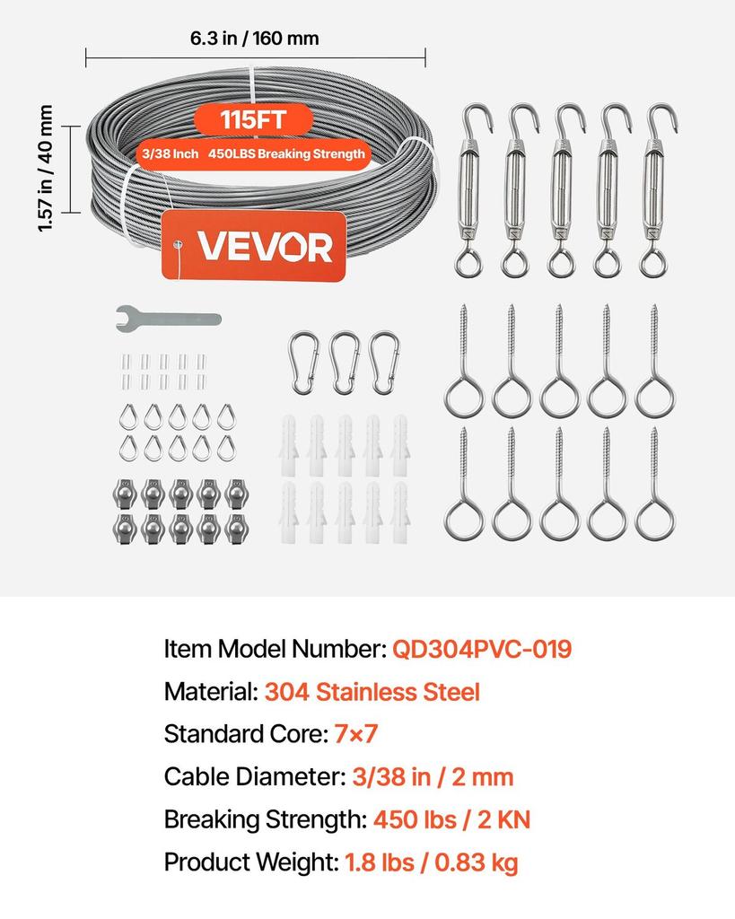 2 mm Wire Rope Kit, 35.1 m Length, 304 Stainless Steel Wire Cable, 2 kN Breaking Strength, 7 x 7 Strands Construction, Steel Cable for Deck Railing