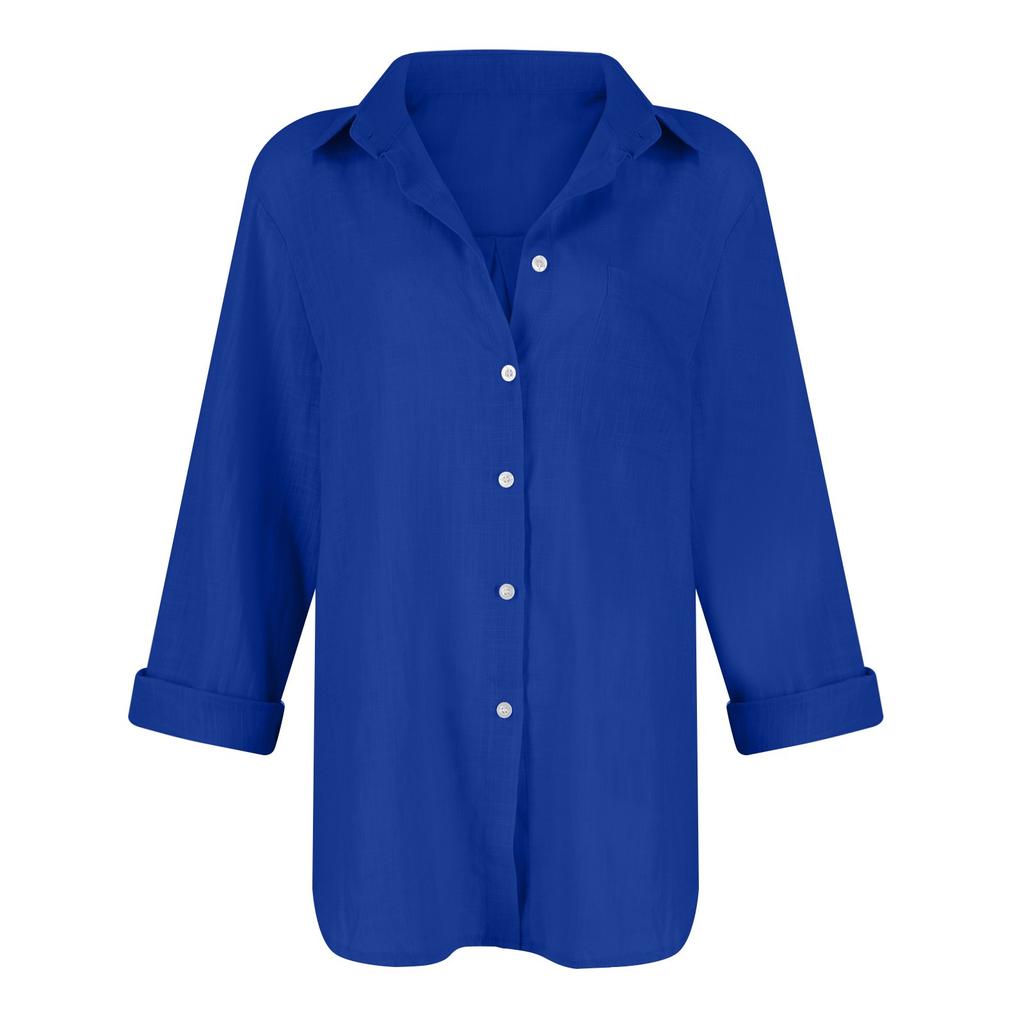 Camicia da Donna in Cotone e Lino Manica Lunga Collo a Revers Bottoni Camicia Colorata