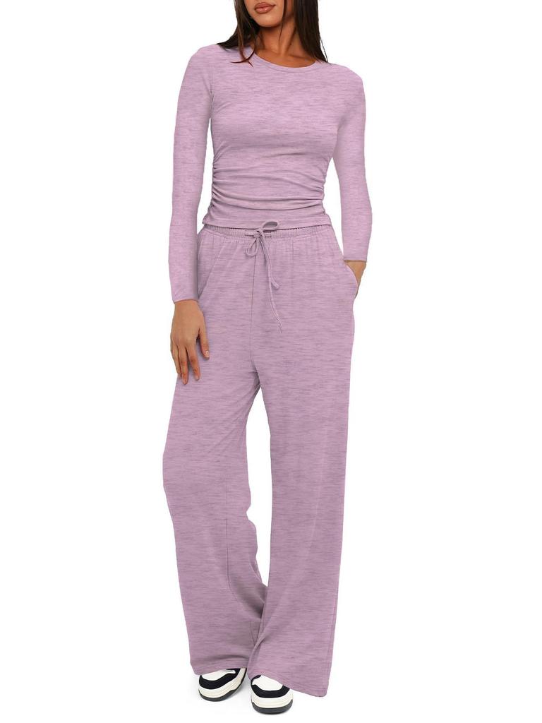 European & American Women's Solid Color Casual Sports Set: Long Sleeve Top & Wide-Leg Pants.