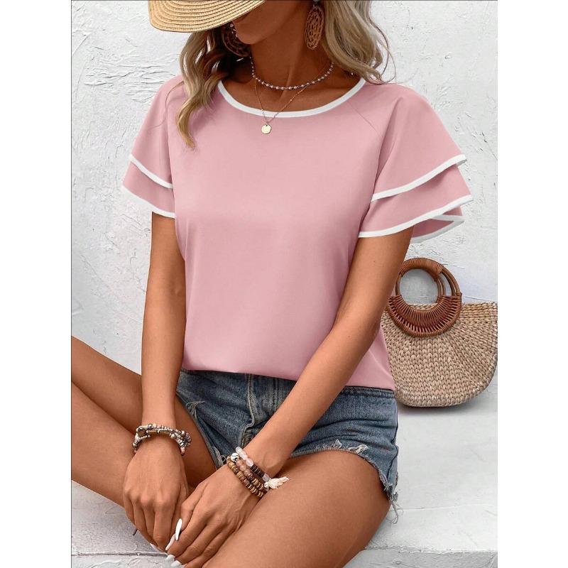 Women Elegant Ruffled Sleeve Color Block Loose Round Neck Short Sleeve Top