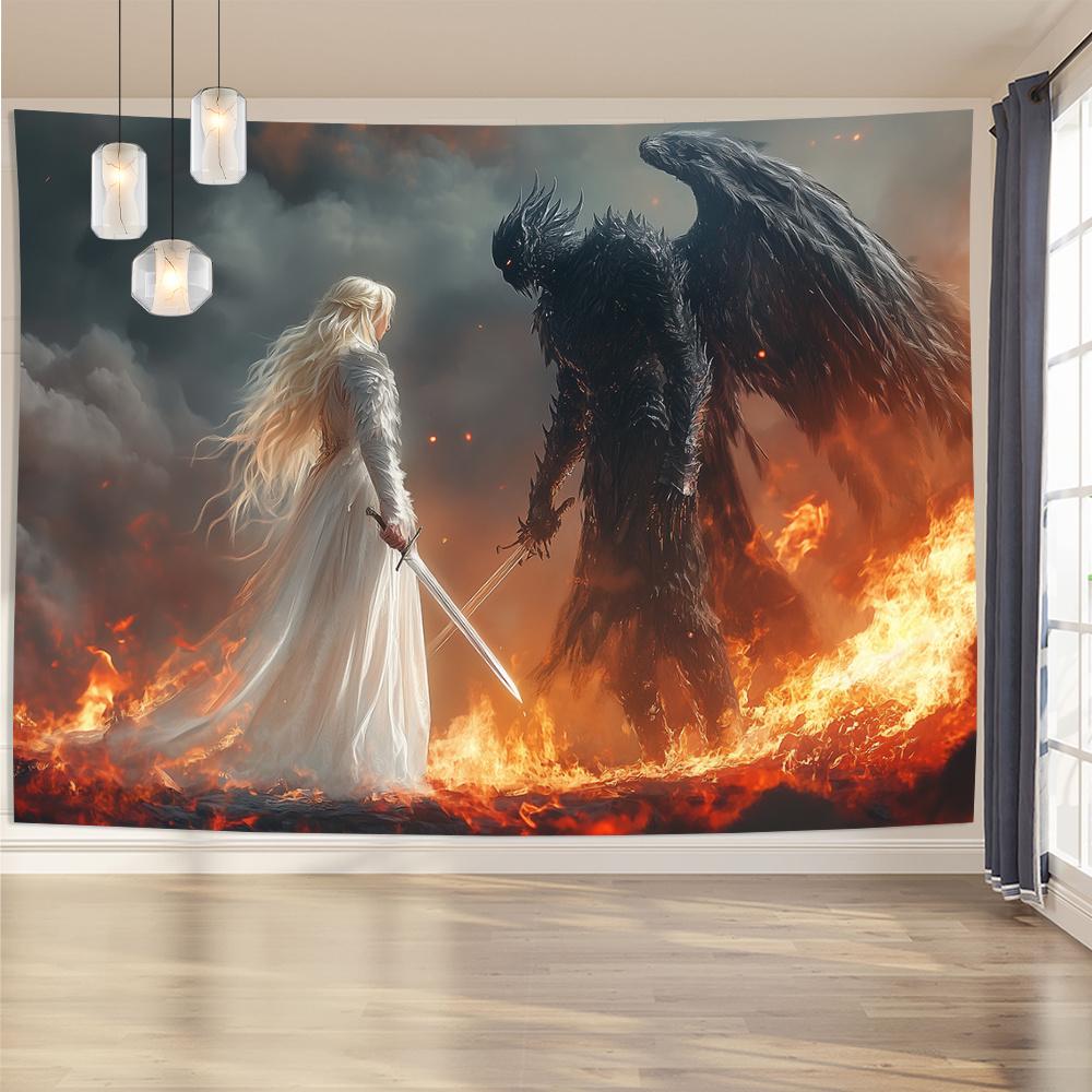 Fantasy Tapestry  Blonde Warrior Facing Demon in Flames Polyester Wall Hanging for Living Room Bedroom Office or Party Deco