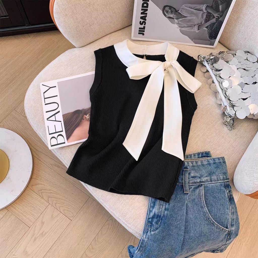 Summer Women Sleeveless Lace-up Collar Solid Knitted Sweater Tops