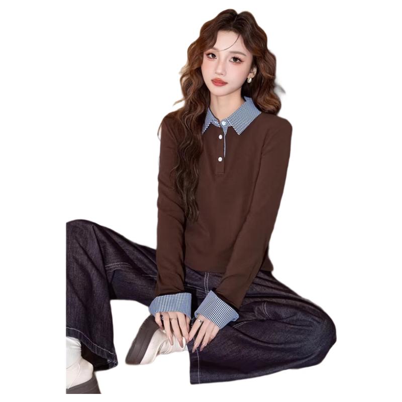 TonLion Women s Vintage Loose Fit Faux Two-Piece Long Sleeve Collared T-Shirt L