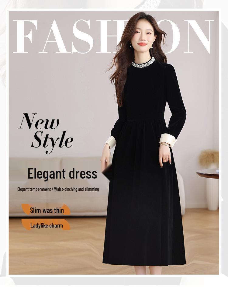 Hepburn Style Black Velvet Long Sleeve Dress - French High-End Autumn/Winter Women's Waist-Cinched Slimming Gown