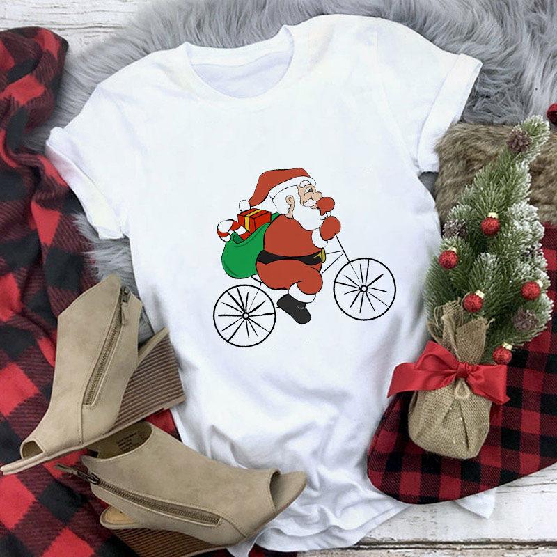 Casual Cute Cartoon Christmas Santa Graphic Female T-Shirt 90S Funny Summer Tees Loose White Blouse Short Sleeve O-Neck Crop Top