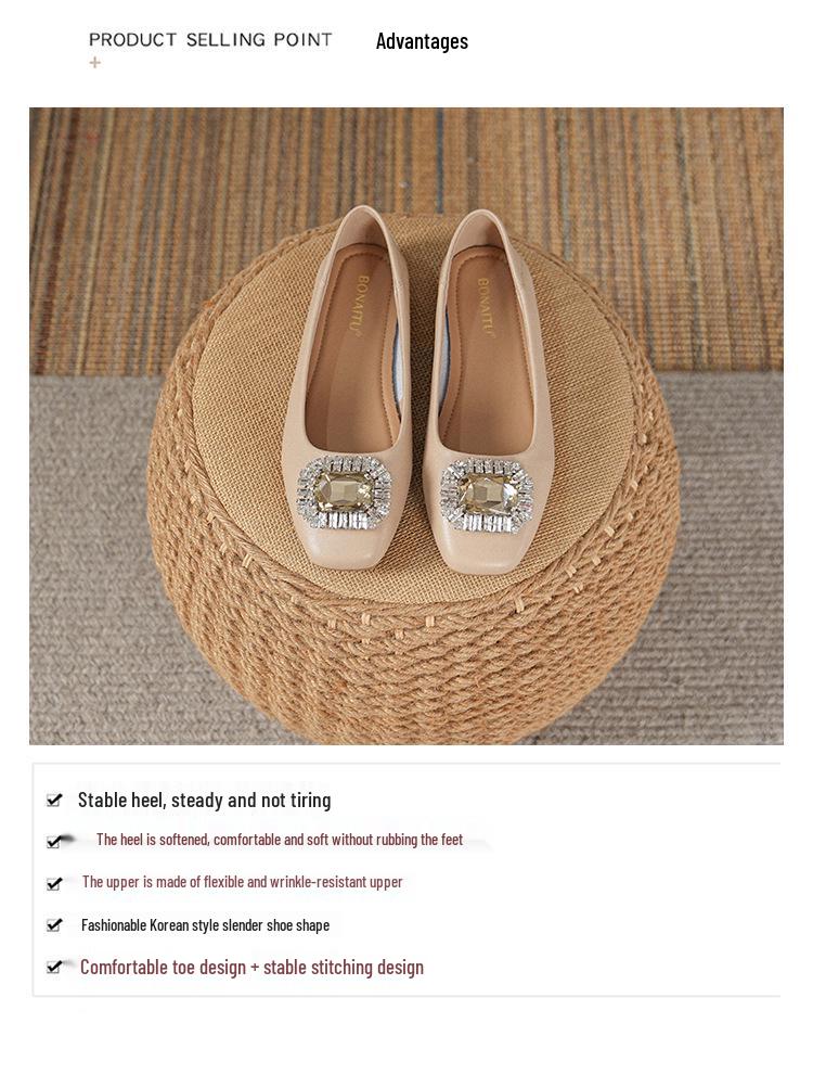 Women's Genuine Leather Slip-On Flats, Nude, Square Toe, Soft Sole, Plus Size, 2025 Edition