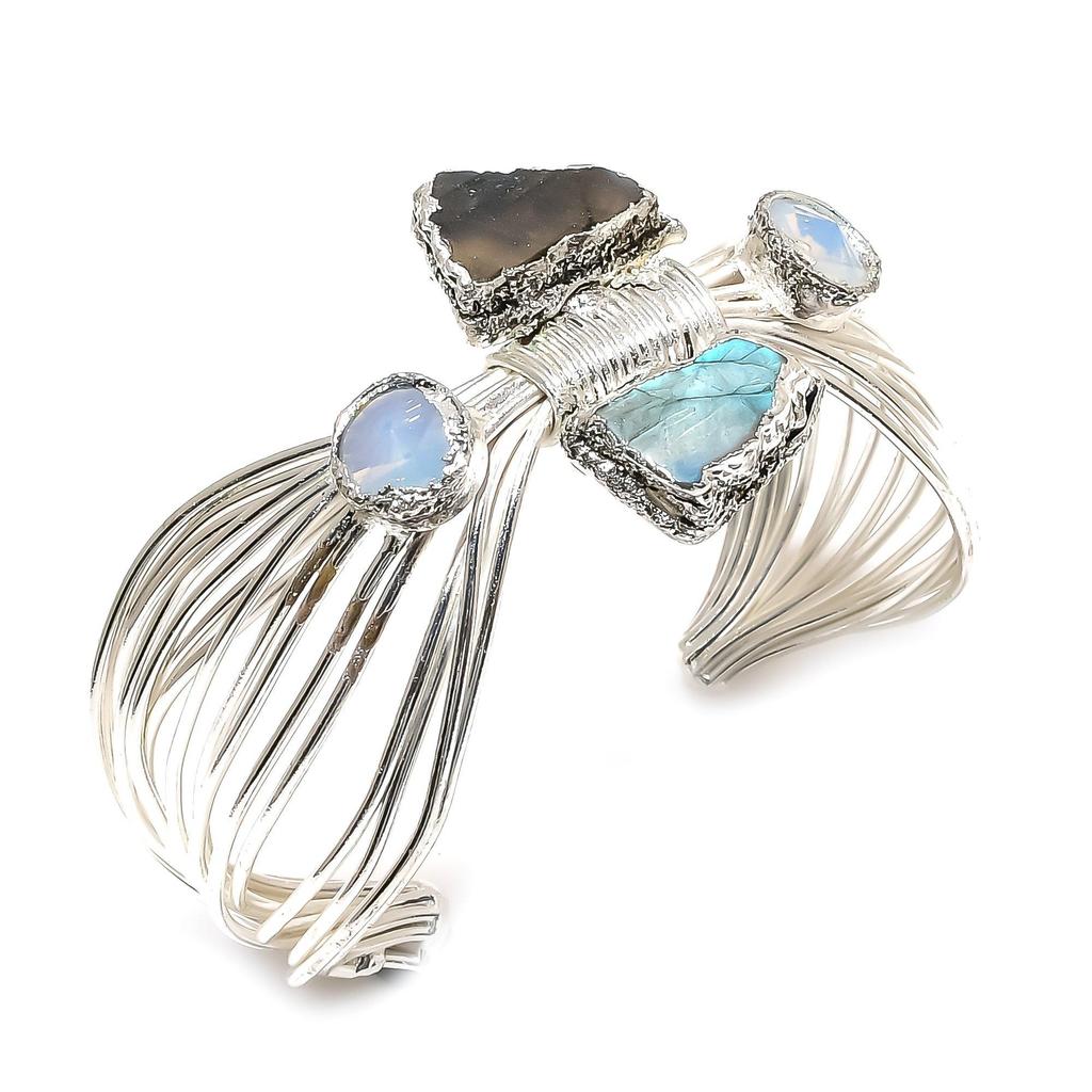 Natural Labradorite Gemstone Handmade 925 Sterling Silver Cuff Bangle, Milky Opal Cuff Bangle For Wife, Unisex Cuff Bangle Gift For Him
