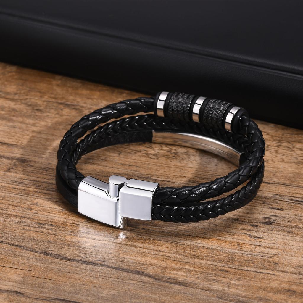 Custom Multi Layers Leather Bracelet for Men,Classic Metal Tube Handmade Braided Wristband,Gift for Husband Father Boyfriend