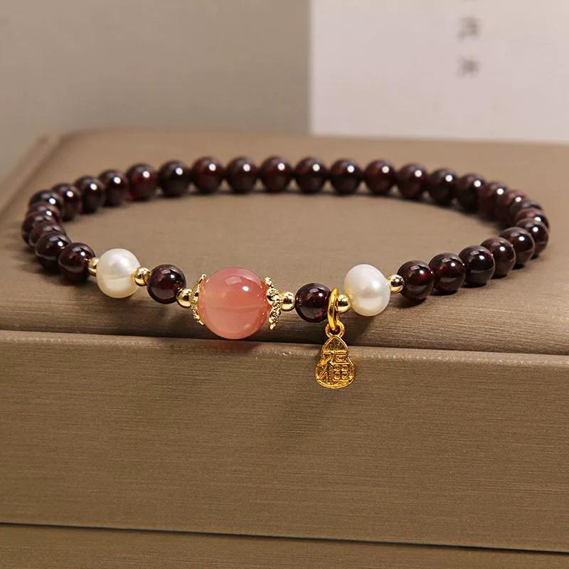 Exquisite Natural Pearl & Agate Bracelet with Garnet and Gourd Charm for Wealth Attraction, Stackable and Luxurious for Women