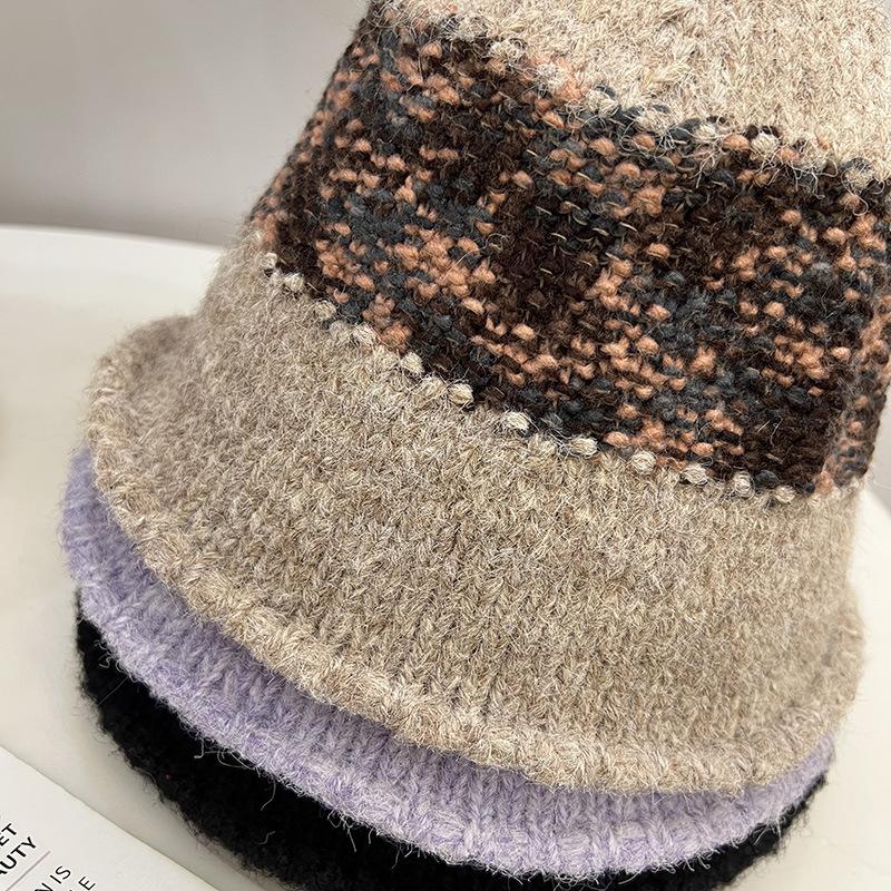 Mohair Wool Knitted Bucket Hat Women's Simple Contrasting Color Hat Waist Fashionable Retro Versatile Fisherman Hat