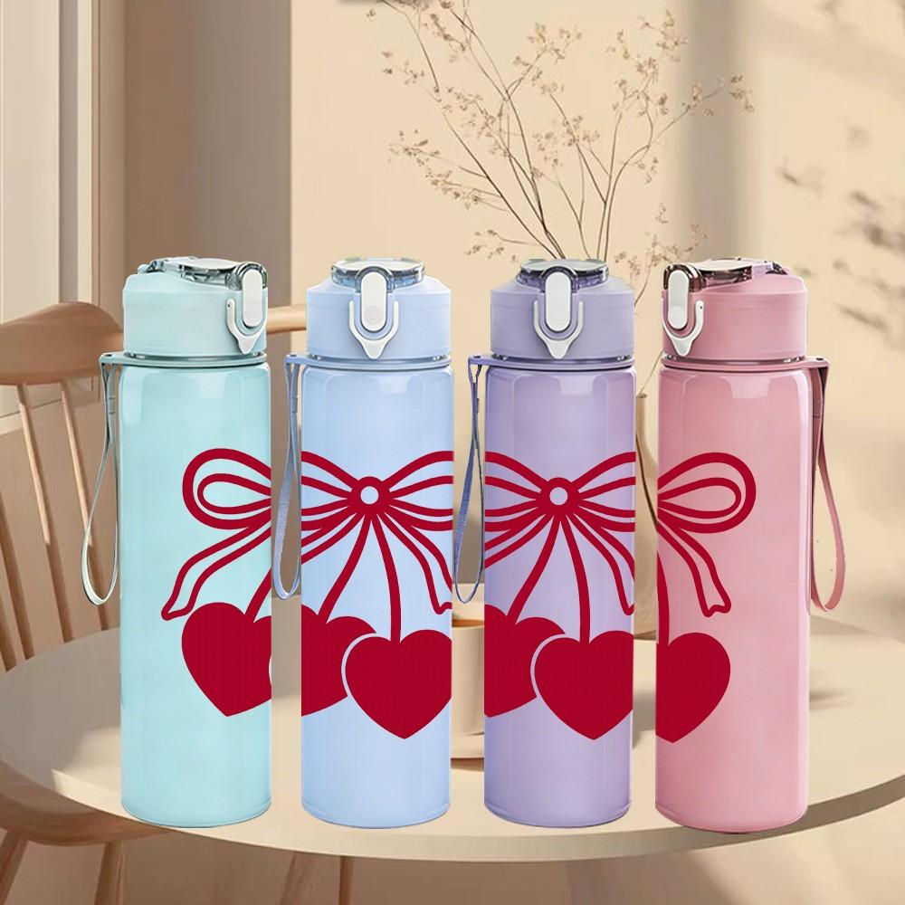 1PC Twin Red Hearts Bow Line Art 750ml Color Plastic Sports Water Bottle Leakproof Flip Straw Lid Suitable for Sports Office Home Use