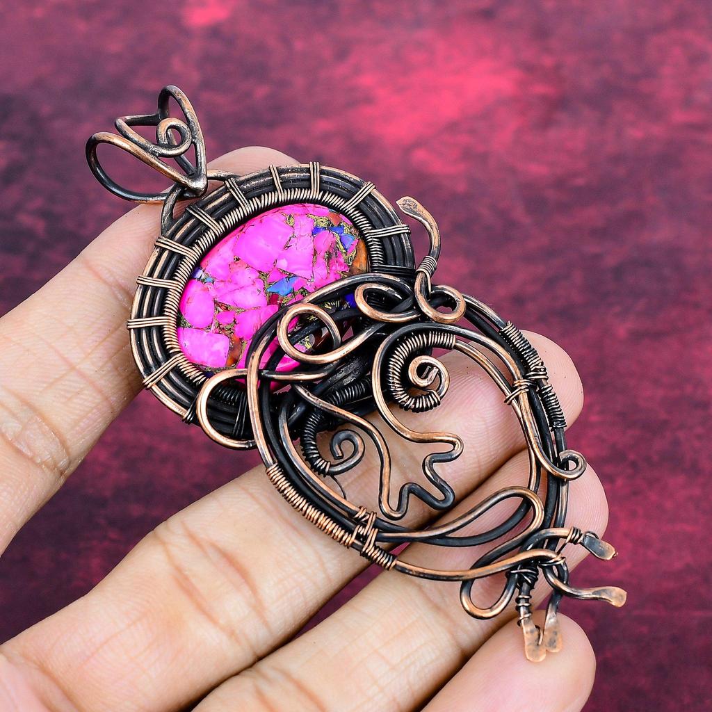 Natural Kingman Pink Dahlia Turquoise Pendant Gemstone Copper Wire Wrapped Jewelry