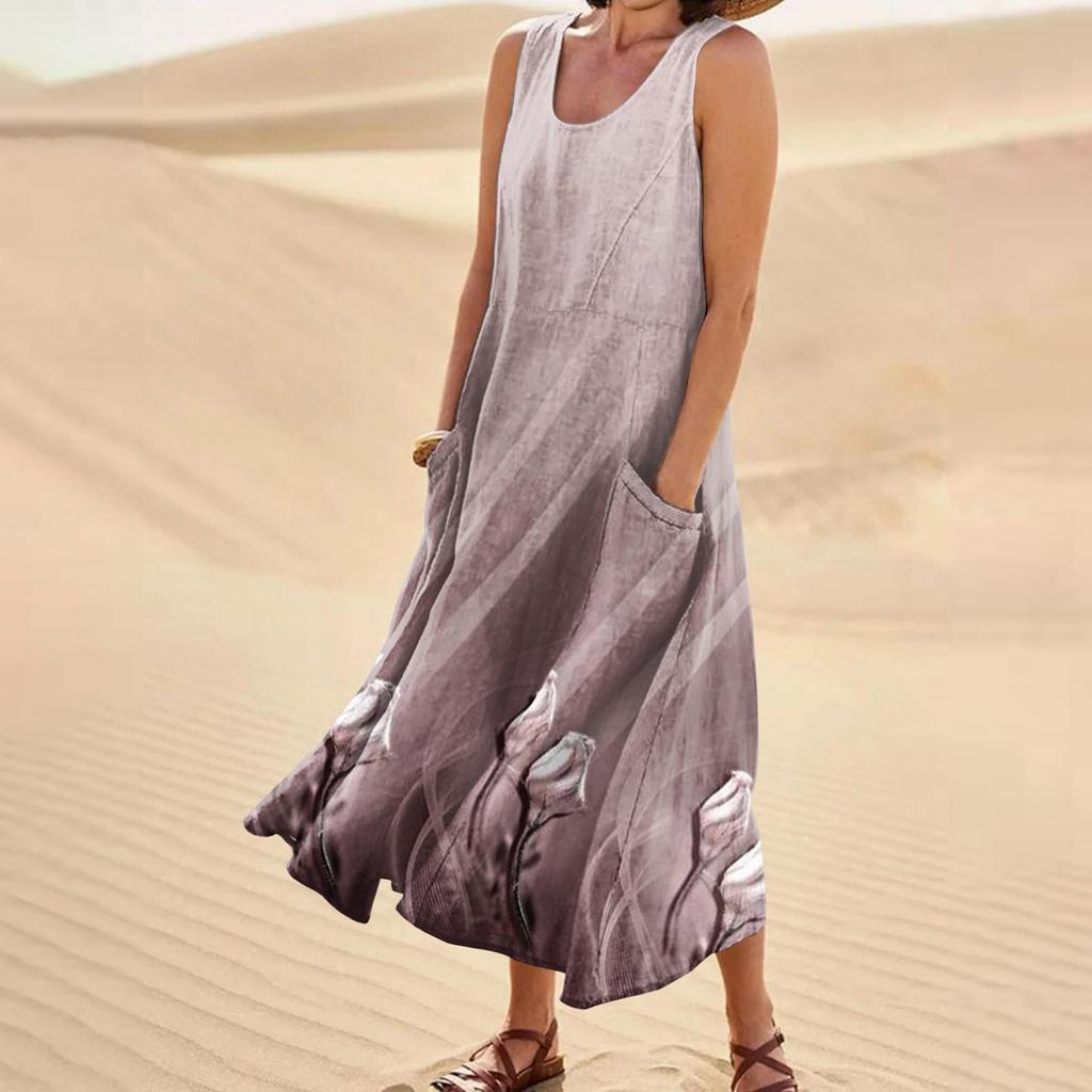 Women's Fashion Casual Colour Sleeveless Cotton Linen Pocket Dress