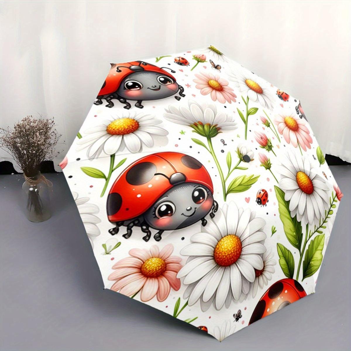 

Automatic Open/Close Umbrella with Ladybugs, Daisies & Greenery - Compact Folding Umbrella, Portable Travel Umbrella with 8-Ri (as the picture,iron&8K)