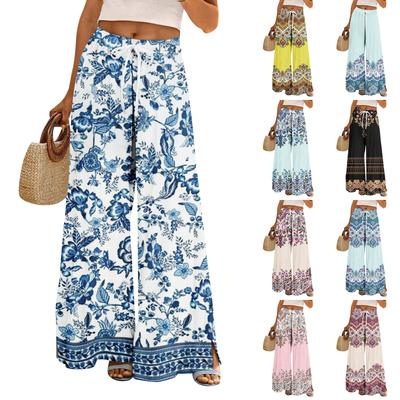 Women Summer Boho Palazzo Pants High Waist Wide Leg Floral Printing Casual Trousers With Pockets