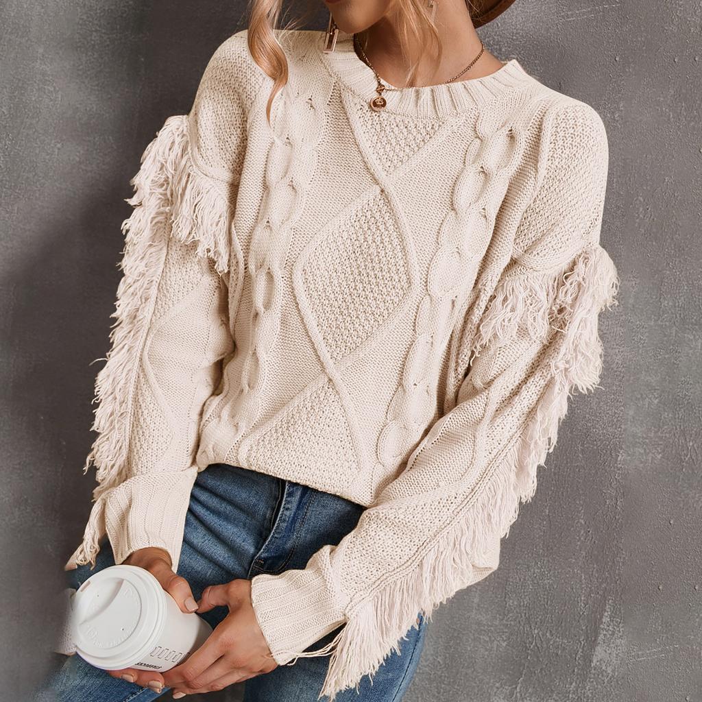 Women's Sweater Casual Round Neck Knit Solid Color Long-sleeved Tassel Pullover