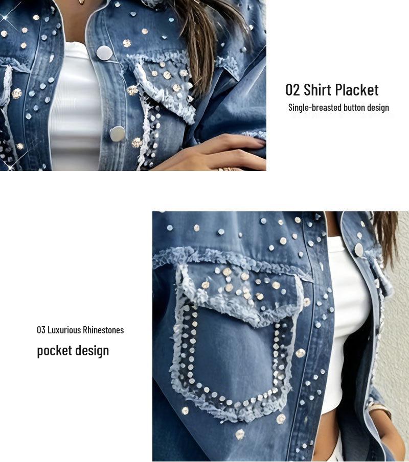 Beaded Long Lapel Oversize Blue Denim Jacket for Women
