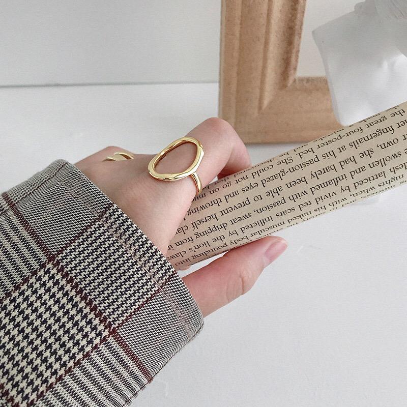 Korean version S925 silver open ring INS simple geometric irregular hollow oval female adjustable punk party