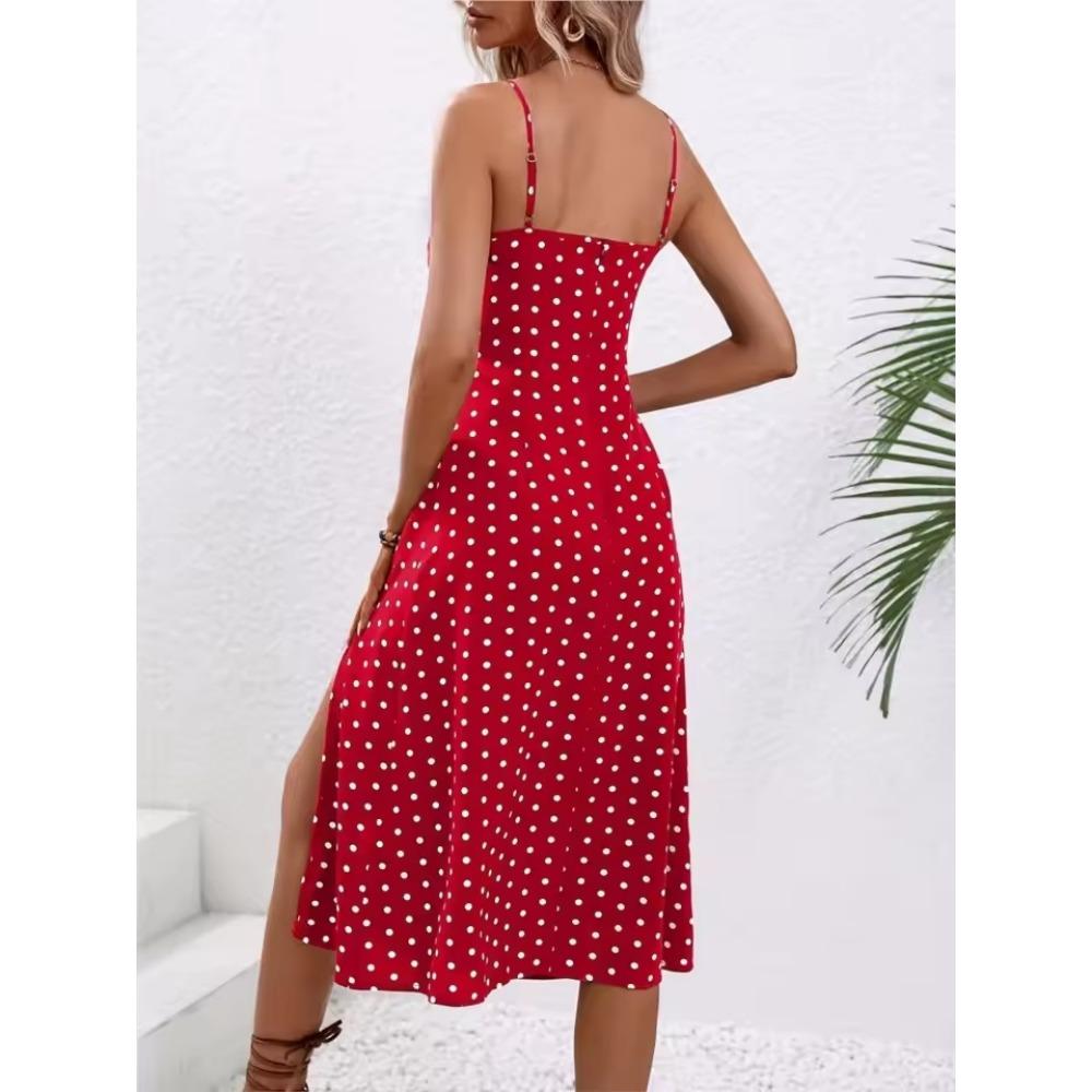 2025 Estate Sexy Spaghetti Straps Dress Donna Moda Polka Dot Stampa Senza Maniche Slit Dress Boho Casual Beach Midi Abiti