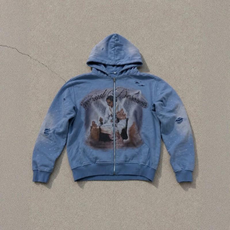 Gradient Rhinestone Angel Oil Painting Zip Up Hoodie Distressed Washed Black Loose Streetwear Men Women