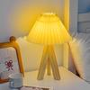 Pleated Floral Table Lamp Retro Bedside Lamp Wooden LED Night Light with Remote