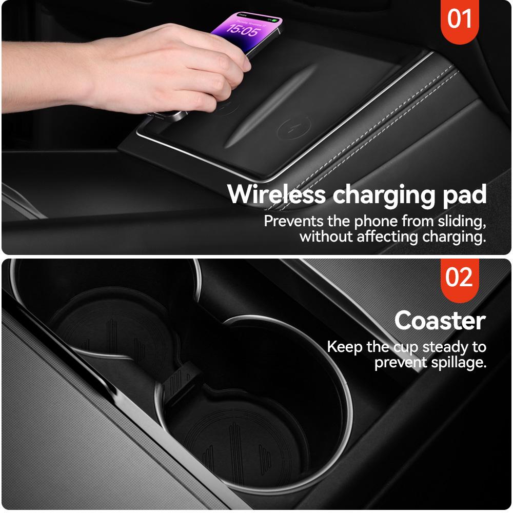 YZ For Tesla Model Y 2025 Juniper Model 3 Highland Console & Armrest Upper and Lower Storage Box Watercup Holder Charging Pad