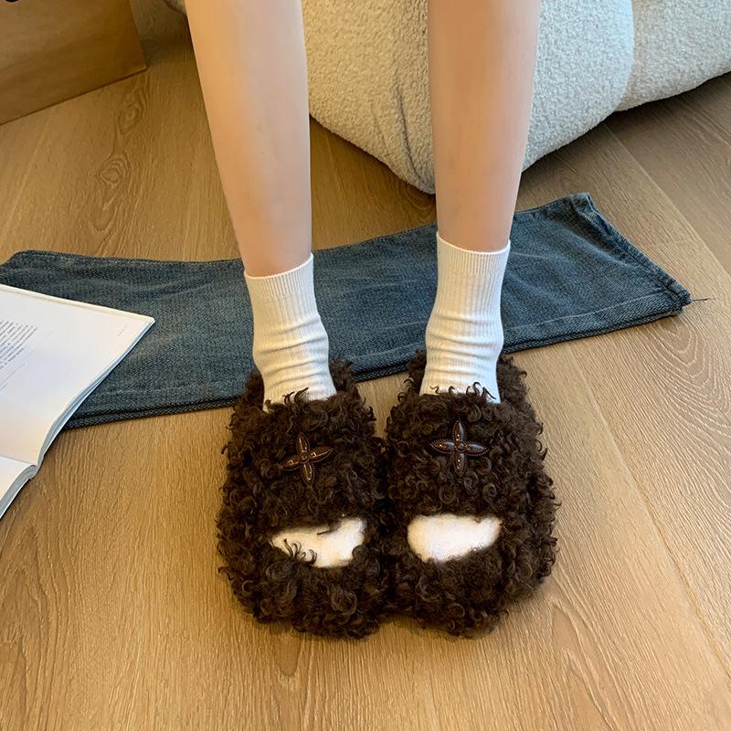 

Thick-bottomed cross flower Mao Mao slippers female Korean version 2025 autumn and winter new fashion open-toed Mao Mao flat-bottomed Mao slippers 35
