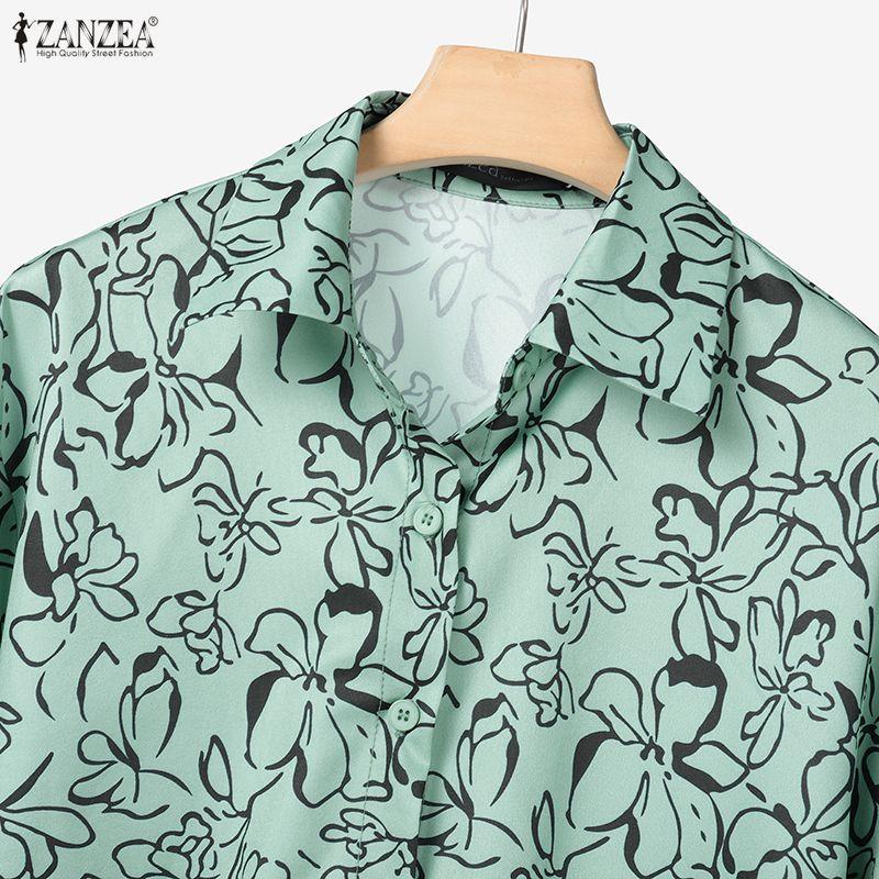 ZANZEA Bluză cu mânecă lungă și pantaloni cu imprimeu pentru femei, seturi casual din două piese