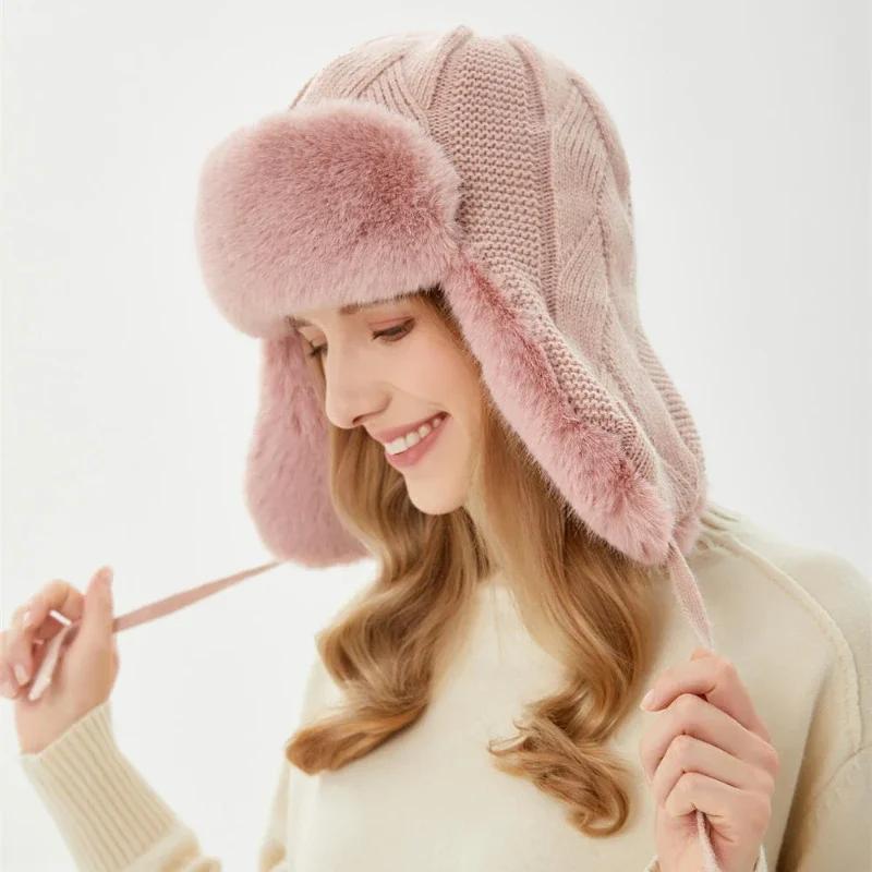 Waterproof Women'S Winter Trapper Aviator Trooper Hats Earflap Warm Russian Hat Ski Bomber Cap Knit Ear Protectors Ushanka Hats