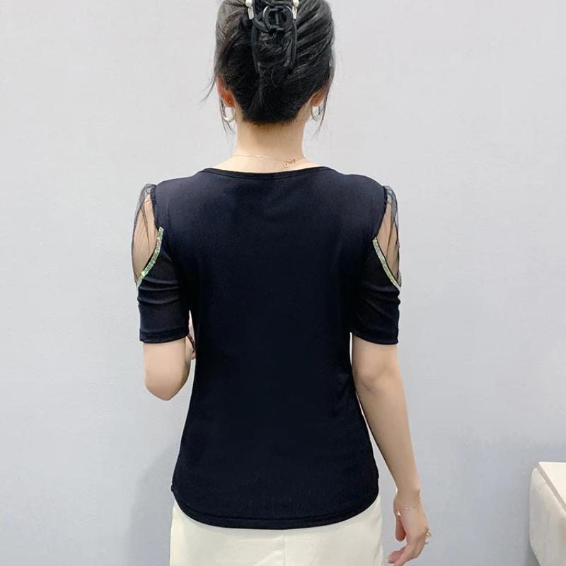 New European Women's Clothes Luxury Elegant T-Shirt Sexy Shiny Butterfly Hot Diamonds Mesh Top Tees Blouse
