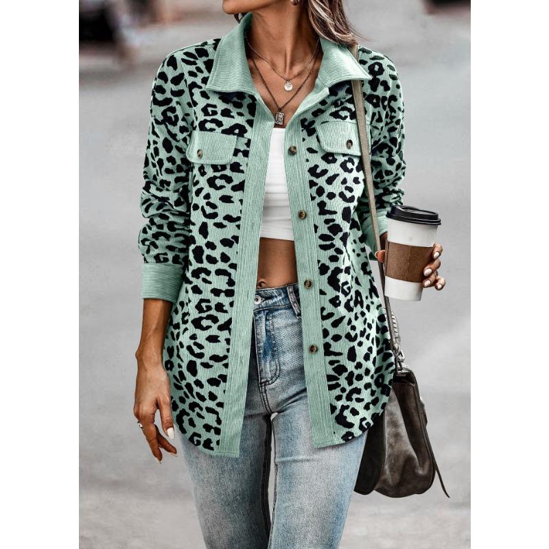Women S Corduroy Leopard Print Button Long Sleeve Jacket
