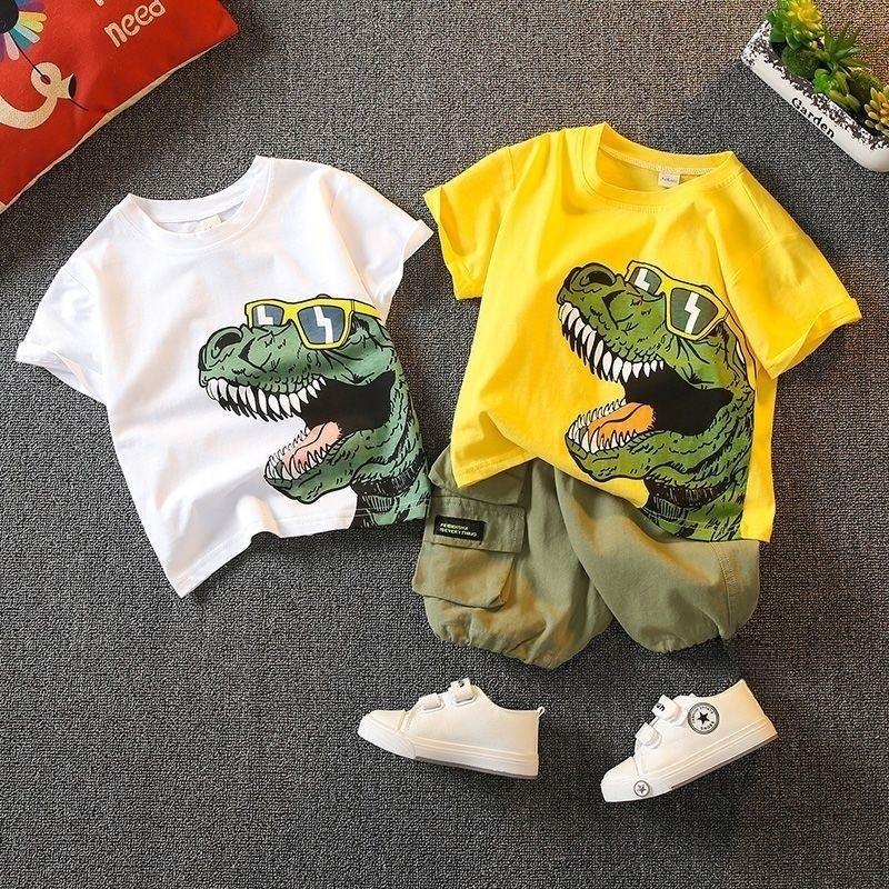 Boys' 2-Piece Cotton Set - Summer Cartoon Dinosaur Printed T-shirt + Shorts High - Quality Casual Outfit - 6M-5Y