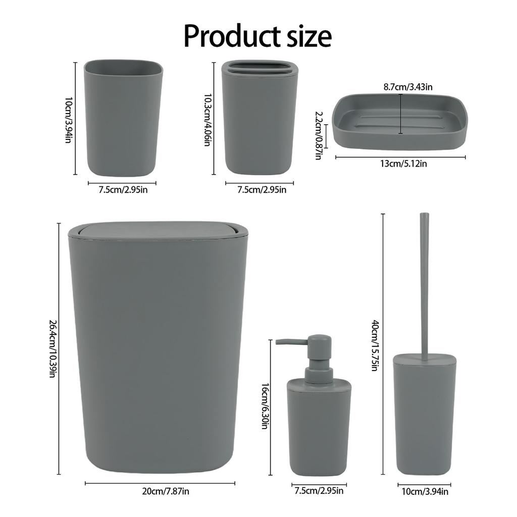 6 Piece Bathroom Set Plastic Toothbrush Holder Waste Bin Combo For Modern Bathroom Storage