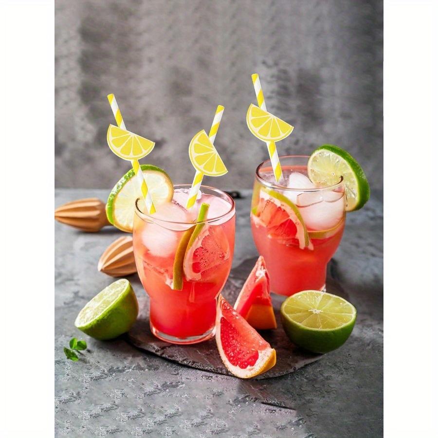 Lemon Paper Straws Disposable Cocktail Straws for Drinks Striped Straws, Individually Wrapped Plastic Straw with Lemon Shape