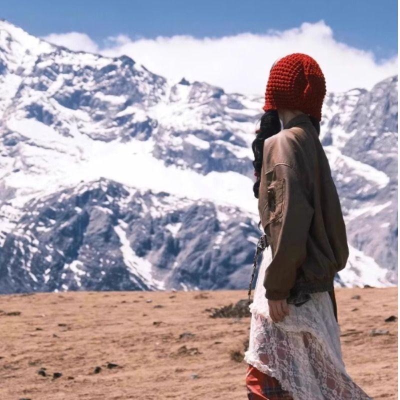 Fashion Handmade West Sichuan Weaving Travel Red Hollow Head Hat Knitted Baotou Hat Tassel Wool Hat Crouch