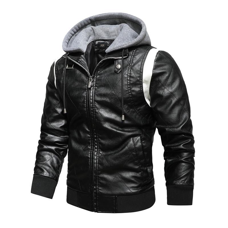 2021 Men's Fashion Hooded Embroidered Leather Motorcycle Jacket, Autumn/Winter Outerwear