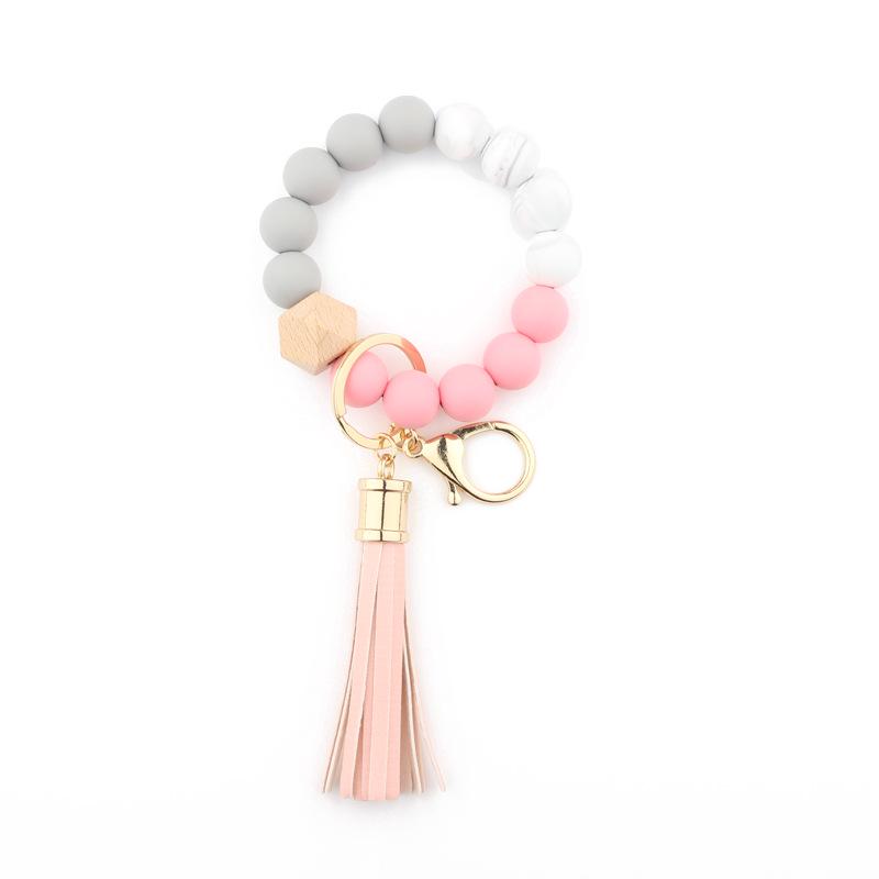 Silicone & Beech Wood Beaded Keychain Bracelet with Pendant